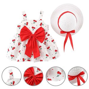 Summer Girls Dress Big Bow Cherry Print Sling Dress + Hat Baby Girl Ubrania i Dress Children New 2021 Q0716