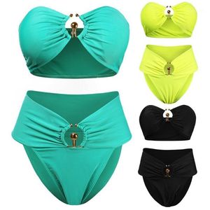 Women's Swimwear Women Sexy 2 Pieces Bikini Set U-Shaped Metal Wire Push Up Swimsuit Strapless Bandeau Tube Top And Thong Solid Color Suit