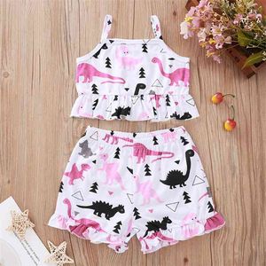 Summer Children Sets Casual Middle Strap Print Dinosaur Tops Pink Shorts Girls Clothes 1-5T 210629