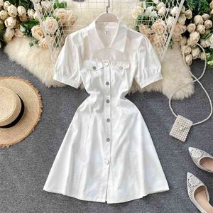 Sommar Kvinnor Sexig Hollow Out Shirt Collar Kort Klänning Puff Sleeve Button Hög midja Svart A-Line Vestidos 210430