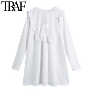 TRAF Donna Dolce Moda Con Volant Trim Mini Abito Bianco Vintage Grande Colletto Manica Lunga Abiti Femminili Abiti Mujer 210415