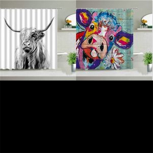 Flor Highland vaca tema chuveiro cortinas de fazenda animal 3d impressão impermeável pano banheiro cortina conjunto de arte de banheira com gancho 210915