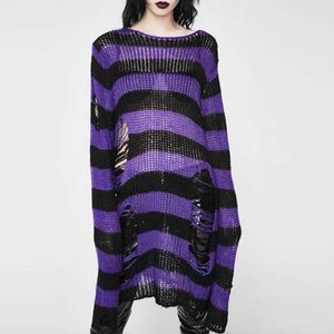 Halloween 200 Gothic Knitted Sweater Women Long Pullovers Striped Loose Winter Ripped Plus Size Sweaters Jumpers Mujer Jersey X0721