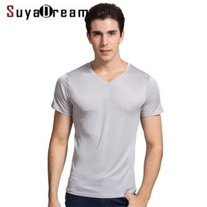 Suyadream Homens Basic Camisetas Natural Silk V Neck Sólida Manga Curta Camisas Branco Preto Primeiro Primavera Primavera Top 210409