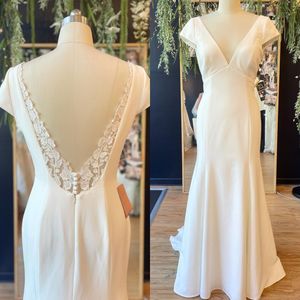 Crepe Bidal Wedding Dring 2021コラムシースヴェスティッドデ-ノヴィアとキャップスリーブディープVネックレースバックレスローブデソレデマリオージ2K21