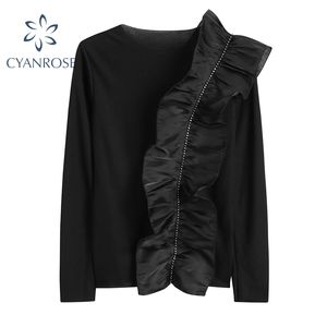 Korean Style T Shirt Women Black Boutique Clothing Patchwork Ruched Ruffle Long Sleeve Bodycon Tees Lady Spring Ulzzang Top 210417