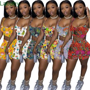 Summer Women Tracksuits Sexy Shorts 2 Two Piece Pants Set Cartoon Printed Outfits Lady Jogger Suits Suspender Vest Top Plus Size Clothing