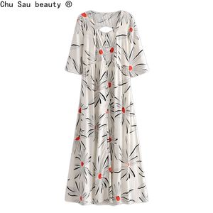 Summer Ladies Holiday Style Positioning Printing Mid-Sleeve Long Skirt Back Hollow Out Dress Button Female Boho 210508
