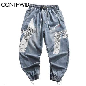 GONTHWID Graffiti Print Joggers Harem Denim Pants Streetwear Hip Hop Harajuku Baggy Jeans Mens Fashion Hipster Casual Trousers 210723