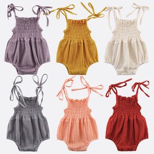 6 Colors Lovely Retro Baby Girls Lace Up Romper Soft Cotton Linen Summer Sleeveless Strap Toddler Pleated Jumpsuit Overalls M3692