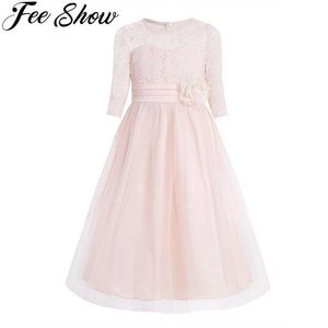Princess Kids Flower Girl Lace Dress Half Sleeve Pageant Wedding Birthday Party Floral Lace Dress Clothes Teenage Girls Clothing Q0716