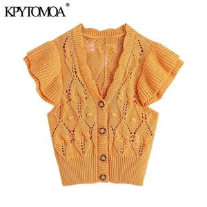 Kvinnor Mode med Ruffles Beskuren Stickad Vest Sweater Ärmlös Button-Up Female Waistcoat Chic Toppar 210420