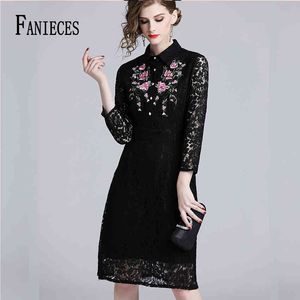 Embroidery Elegant Hollow Out Lace Knee-Length Dress Women Wrist Sleeve Summer Vintage Slim Sexy Party Casual Dresses Vestidos 210520