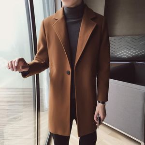 Trench de trincheira masculina 2021 Autumn Winter Korean Slim Fit Coat de lã cashmere misturado Longo sobretudo preto casaco marrom