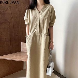 Korejpaaの女性のドレス夏の韓国のシックなヴィンテージカジュアルVネックワンボタン大きいポケットデザイン緩いスリットパフスリーブvestido 210526