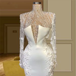 Elegant Mermaid Evening Dress Lace Applique Sheer Long Sleeve Prom Gowns Sequins Beading Party Second Reception Dresses