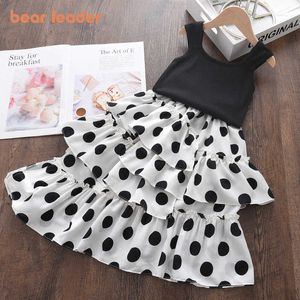 Bear líder meninas moda moda conjuntos verão crianças bebê sem mangas colete e bolinhas vestido roupas 2pcs crianças fatos coreanos 210708