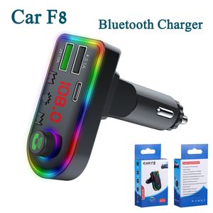 F8 Car Chargers BT5.0 FM Transmitter Atmosphere Light Kit Modulator Wireless Handsfree Audio Receiver RGB Color MP3 Player Adjustable Angle with Retail Box