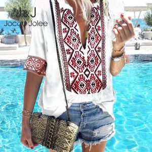 Jocoo Jolee Vintgae Camicia estiva stile folk indie Donna Boho Mezza manica con scollo a V Camicetta allentata Casual Beach Top da viaggio Outwear 210518