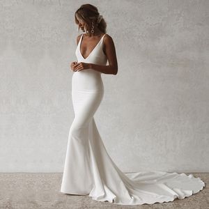 Sexy Mermaid Bride Dresses Boho V-Neck Open Back Elastic Wedding Gown Simple Long Train Buttons Bridal Dress 2021233Z