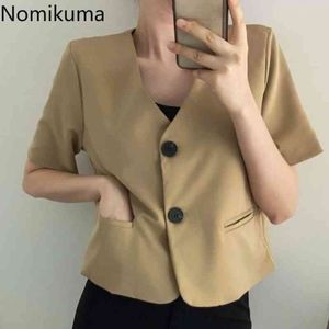 Nomikuma Short Sleeve V-neck Blazer Coat Women Casual Korean Solid Blazers Summer Thin Single Breasted Suit Jacket 6H311 210427