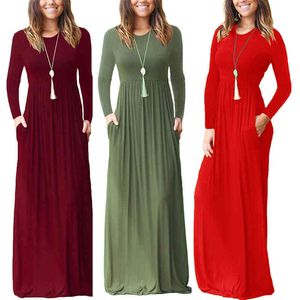 Casual Long Dress Women Autumn O-Neck Solid Long Sleeve Pocket Elastic High Waist Maxi Dresses Female Slim Beach Robe Plus Size 210507