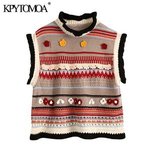 Kvinnor Mode Blommaformad Textur Stickad Vest Tröja Vintage O Neck Ärmlös Kvinnlig Waistcoat Chic Toppar 210416