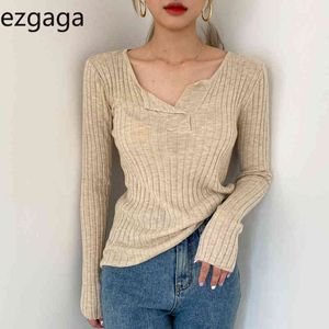 Ezgaga Basic Sweater Pullover Kvinnor Koreanska Chic Elegant Split Slim Långärmad Solid Dam Toppar Tunna All-Match Jumper Fashion 210430