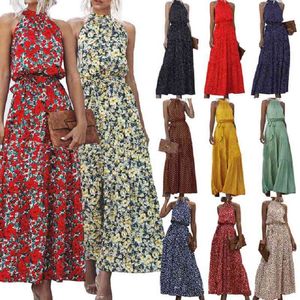 Sommar elegant sexig lång klänning bälte kvinnor mode print blommor polka-dot rem damer halter boho klänning kvinnor vestidos 210514