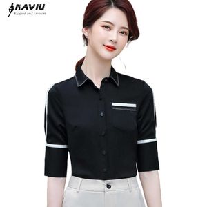 Professionelle Halbarm Schwarz Weiß Hemd Frauen Sommer Formale Chiffon Dünne Blusen Büro Damen Arbeit Tops 210604