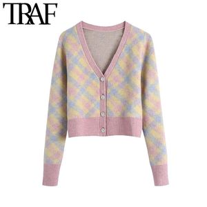 TRAF Women Fashion Rhinestone Button Cropped Argyle Knitted Sweater Vintage Long Sleeve Female Outerwear Chic Tops 210415