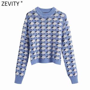 Women Fashion Animal Ribbed Trims Jacquard Knitted Sweater Vintage O Neck Long Sleeve Female Pullover Chic Tops S528 210416
