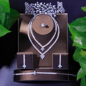 5 adet Bling Kübik Zirkonya Gelin Takı Setleri Düğün Hint Kadınlar Için Dubai Lüks Tiaras AAA CZ Kolye Set Parti Mücevherat H1022