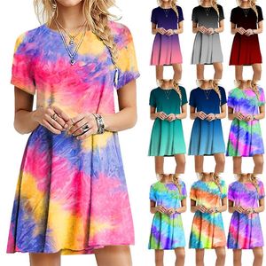 Blendende Kleider großhandel-Sommerkleid Europa und Amerika Mode Slim Dazzling Rainbow Tie Dye Druckkleider plus Größe S XL
