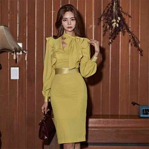 Women's Sexy Dress Fashion Autumn Bow Neck Long Sleeve Ruffles Back Slit Knee Length Office Ladies Work Pencil 210603