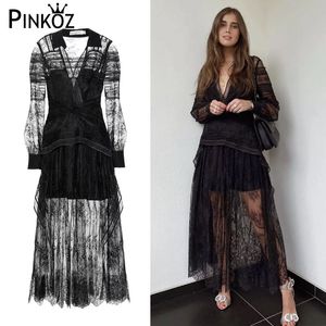 Vintage schwarz gothic styleelegant spitze maxi kleid party abendessen aushöhlen lange kleider frauen vestidos französisch paris 210421