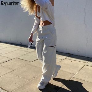 Rapwriter Casual Hollow Out White Jeans Straight Trousers Baggy Streetwear Full-Length High Waist Jeans Harajuku Demin Pants 210415