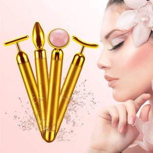 4 w 1 Beauty Bar 24K Gold Electric Jade Roller Odchudzanie Masaż twarzy Podnoszenie Wibrujące Naturalne Różowe Rolki Quartz Anti zmarszczki Narzędzia dokręcania skóry