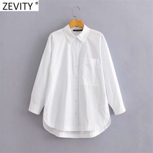 Kobiety Moda Sinlge Pocket Casual Loose White Shirt Office Lady Długie Rękaw Bluzka Roupas Chic Topy LS9291 210416