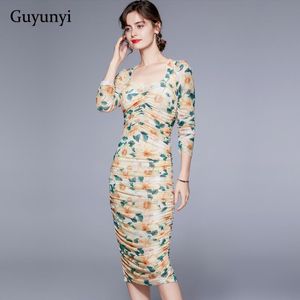 Elegant Party Dress 2021 Summer High Waist Tight Mid-Calf Puff Sleeve Small Folds Elasticity Vintage Floral Mesh Women Casual Dresses