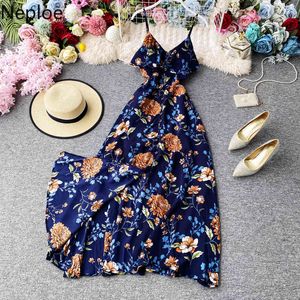 Neploe Retro Floralプリントドレス女性のファッションVネックスパゲッティストラップレディースvestidos夏のファッションミッドカーフビーチドレス210423