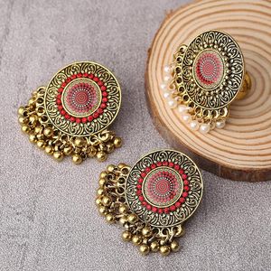 Earrings & Necklace Vintage Gold Alloy Rings Sets For Women Boho Pearls Bells Tassel Adjustable Afghan Jewelry