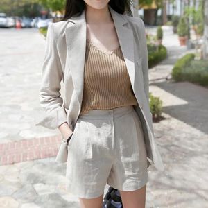 Ternos femininos blazers verão casual shorts calças terno mulheres solto algodão e linho blazer jaqueta conjunto de duas peças