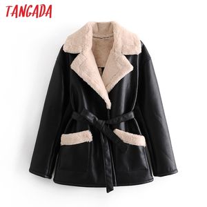 Women black fur faux leather jacket coat with belt turn down collar Ladies Winter Thick Warm Oversized QN93 210416