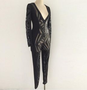 Kvinnors Jumpsuits Rompers Wendywu Sexy Deep V-Neck Långärmad Sequined Black Bodycon Jumpsuit for Women Club