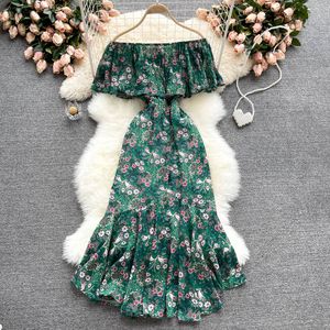 SINGREINY Women Off Shoulder Floral Dress Sexy Slash Neck A-line Ruffle Sundress Summer Bohemian Print Vacation Midi Dresses 210419