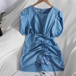 Laço coreano do cordão dos ruffles foi fino saco quadril vestido curto mulheres temperamento de verão cor sólida cintura alta mini 210420