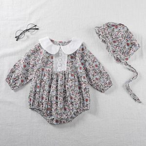 Yenidoğan Toddler Bebek Bebek Kız Çiçek Baskı Bodysuit Uzun Kollu Tulum Şapka Sonbahar Bebek Giyim 210413