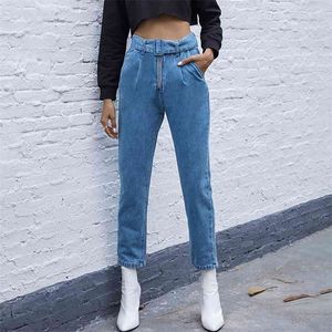Moda Belt Zipper Azul Denim Calças Feminino Outono Casual Denim Calças Para Mulheres Comprimento Completo Streetwear Jeans 210508