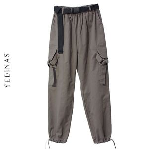 Yedinas pantaloni cargo coreani da donna pantaloni larghi casual a vita alta con tasca autunno inverno streetwear 210527